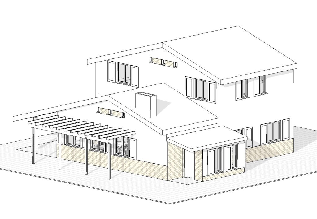 Vivienda unifamiliar concebida como un volumen articulado en dos alturas que se abre al entorno. La composición se apoya en materiales tradicionales como el ladrillo visto y la madera, generando una transición amable entre interior y exterior. La pérgola de acceso y el porche en planta baja construyen espacios intermedios que fomentan la vida al aire libre, mientras que los grandes ventanales permiten un diálogo constante entre la vivienda y su entorno inmediato
