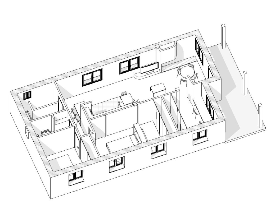 Reforma integral de vivienda en una sola planta que reorganiza los espacios interiores para ganar amplitud y luminosidad. La intervención se articula en torno a una zona de día abierta, donde cocina, comedor y sala de estar se conectan de forma fluida, favoreciendo la vida familiar y social. La nueva distribución optimiza la relación con el exterior a través de grandes aperturas, mientras que las estancias privadas se ordenan de manera compacta y funcional, creando un equilibrio entre intimidad y apertura.