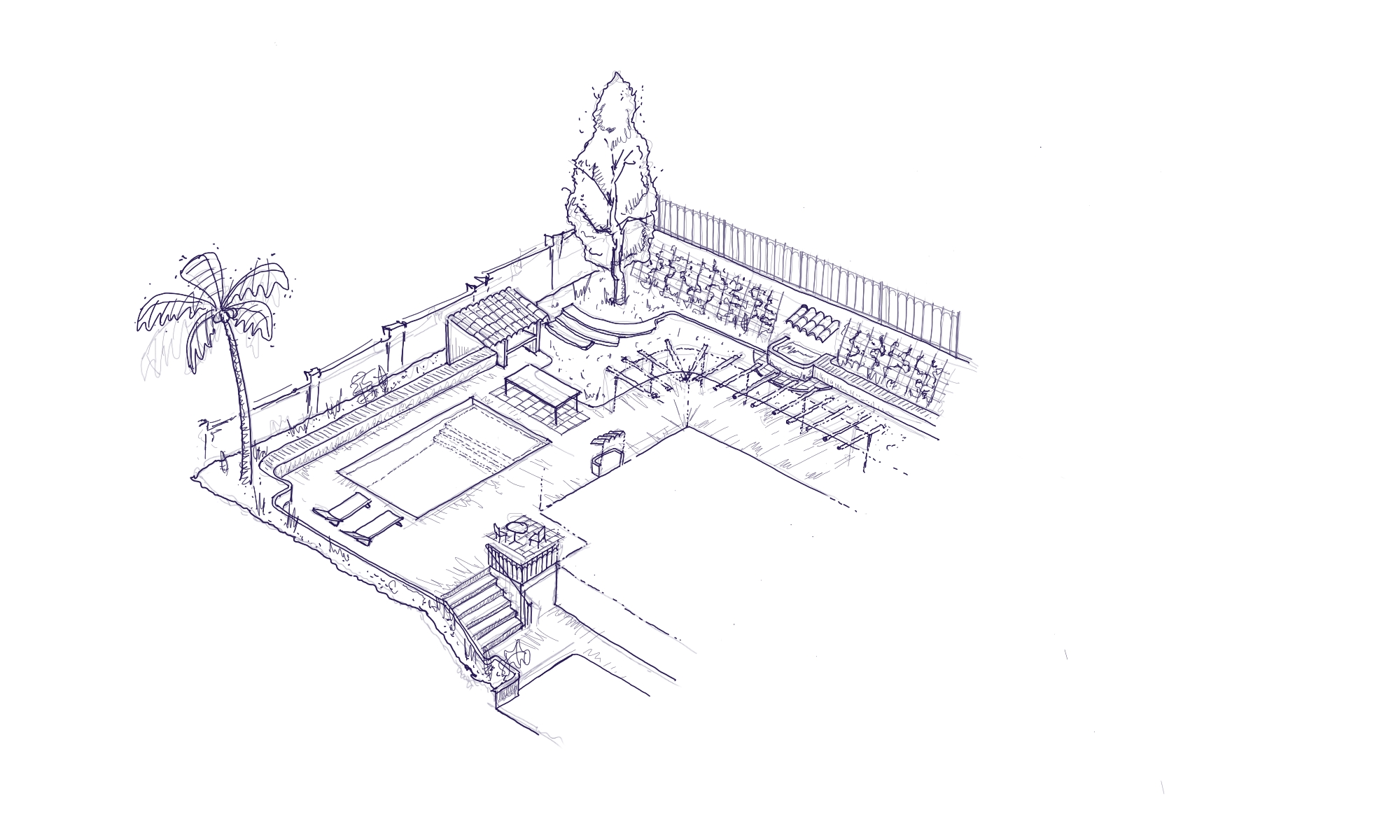 Proyecto de paisajismo para vivienda unifamiliar que transforma el espacio abierto en un ámbito de ocio, relax y encuentro. La intervención organiza el jardín en diferentes áreas: piscina, solárium, huerto y pérgolas, integradas en torno a la vegetación existente. El diseño potencia el disfrute del clima mediterráneo mediante zonas de sombra y descanso, mientras que el empleo de materiales tradicionales y vegetación autóctona asegura la armonía entre arquitectura y paisaje.