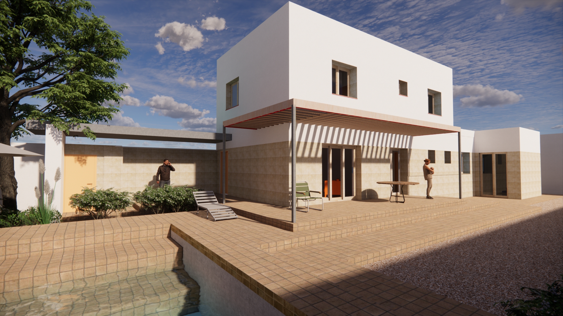 Vivienda unifamiliar de líneas sencillas y volúmenes claros que combina tradición y contemporaneidad. El diseño se organiza en torno a un patio abierto con piscina y terrazas, donde la vida exterior adquiere protagonismo. La sencillez geométrica de los volúmenes blancos dialoga con el uso de cerámica en pavimentos y revestimientos, generando un contraste cálido y atemporal. La pérgola aporta sombra y ritmo, reforzando la transición entre interior y exterior.
