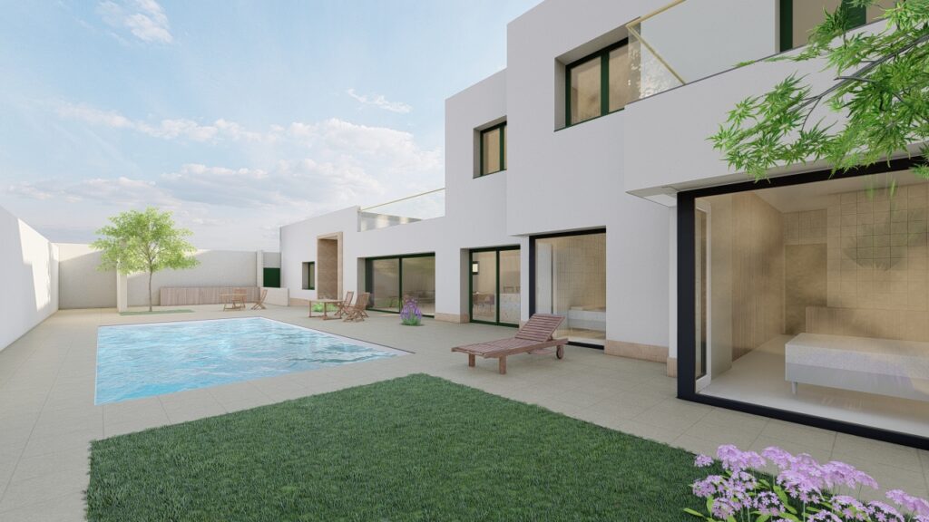 Vivienda unifamiliar de geometría contemporánea que organiza sus espacios en torno al patio con piscina. La relación entre interior y exterior se potencia mediante grandes ventanales que permiten extender la vida doméstica hacia el jardín. El juego de volúmenes blancos y la sencillez de las líneas y retranqueos de volúmenes se equilibran con el uso de texturas cálidas en revestimientos y carpinterías, logrando un ambiente sereno. El proyecto busca generar un espacio íntimo y luminoso.